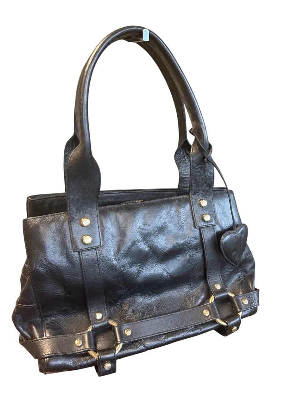 Vintage Y2K Juicy Couture Black & Gold Leather Shoulder Birkin Bag & Heart Charm